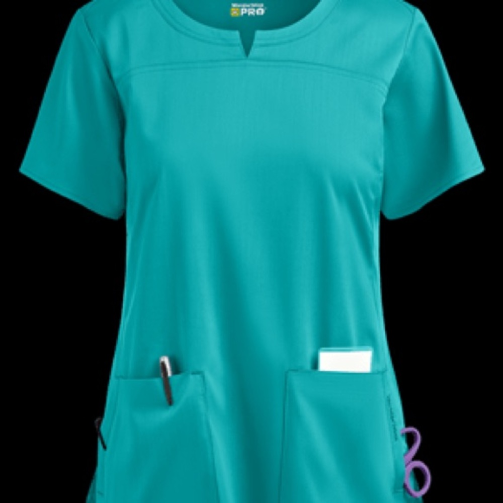 WonderWink PRO Womens 4-Pocket Notch Neck Scrub Top. Teal. Small. EUC